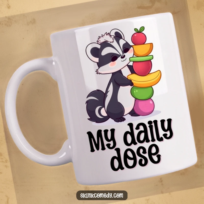 Funny skunk mug showing a determined skunk humorously balancing a tall, precarious stack of vibrant fruits, a witty gift idea.
