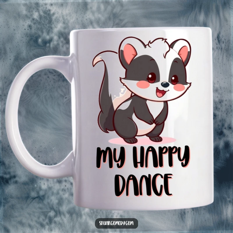 Funny Kawaii Skunk Mug with a cheerful skunk wagging its happy tail, radiating pure joy and fun for gifting.