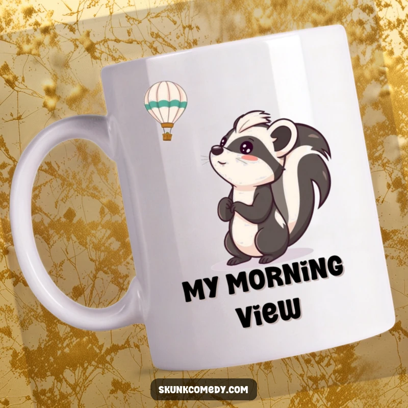 Funny skunk mug showing a skunk looking up with wide-eyed excitement at a colorful hot air balloon floating by, a magical scene.