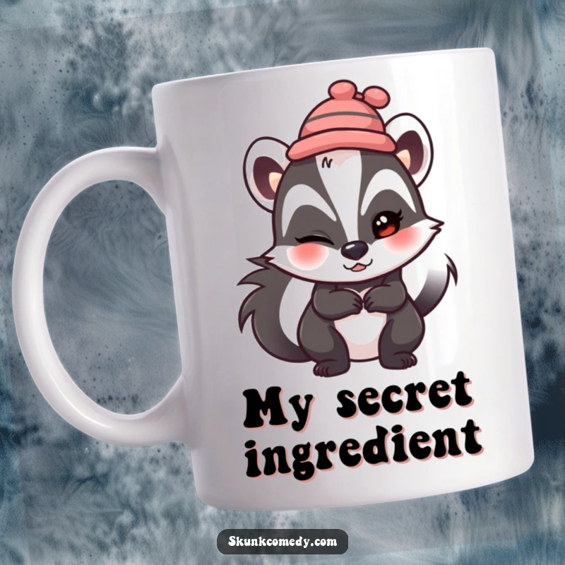 Funny skunk mug, wearing a tiny hat, mischievously winking with a sly grin for humor.