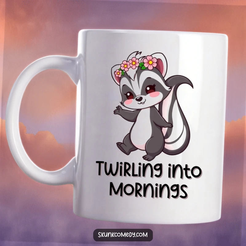 Funny Skunk Mug featuring a skunk in a flower crown, playfully twirling with joy.