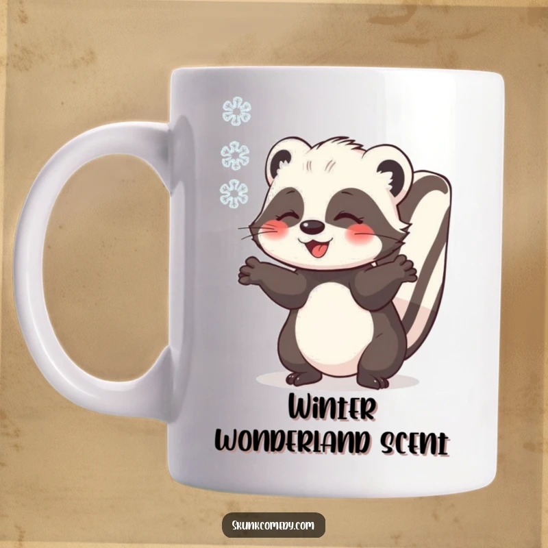 Funny skunk with paws outstretched catching a single falling snowflake, cute winter animal mug, heartwarming design, gift.
