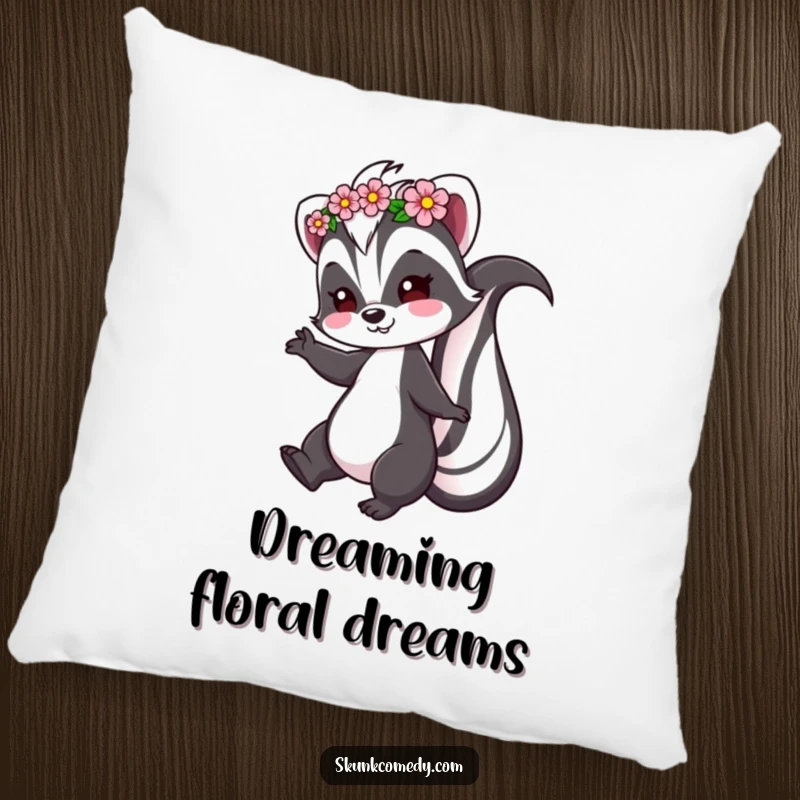 Funny Skunk Pillow with a skunk wearing a flower crown, playfully twirling, adding whimsical humor to decor.