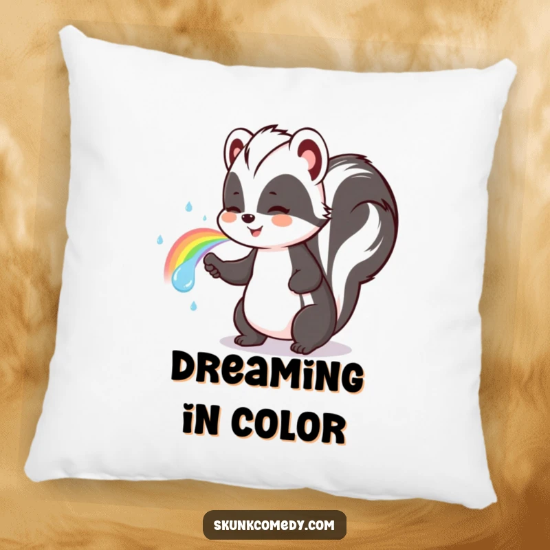 Funny skunk pillow featuring a cute skunk spraying a vivid rainbow, a cozy and cheerful accent.