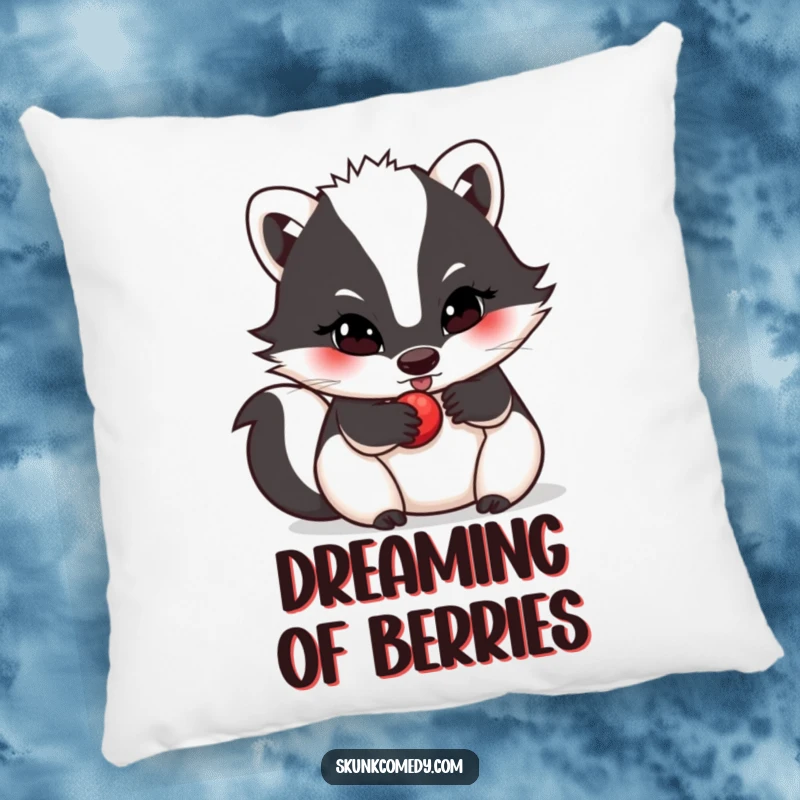 Funny skunk pillow, determined look, rolling a small berry, soft and inspiring decor, a perfect funny gift.