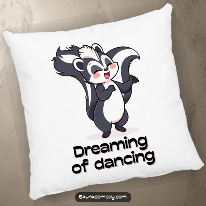 Funny skunk pillow, joyfully dancing with its tail held high, soft and humorous decorative pillow.