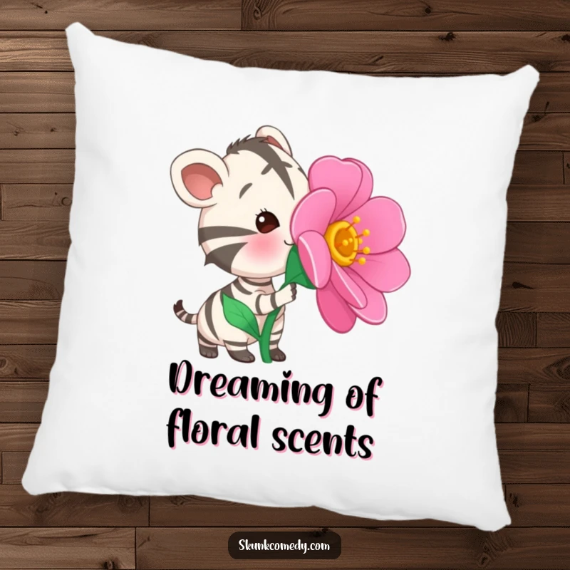 Funny Striped Animal Pillow showcasing a cute striped creature curiously sniffing a huge, colorful flower with fascination.