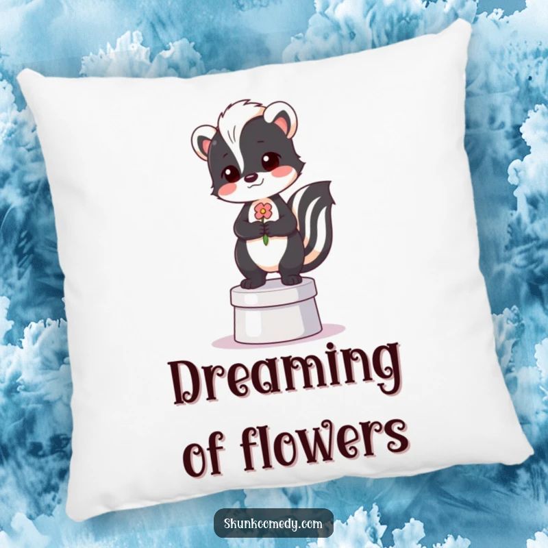 Funny pillow showing a proud skunk standing on a tiny pedestal, holding a flower with poise.