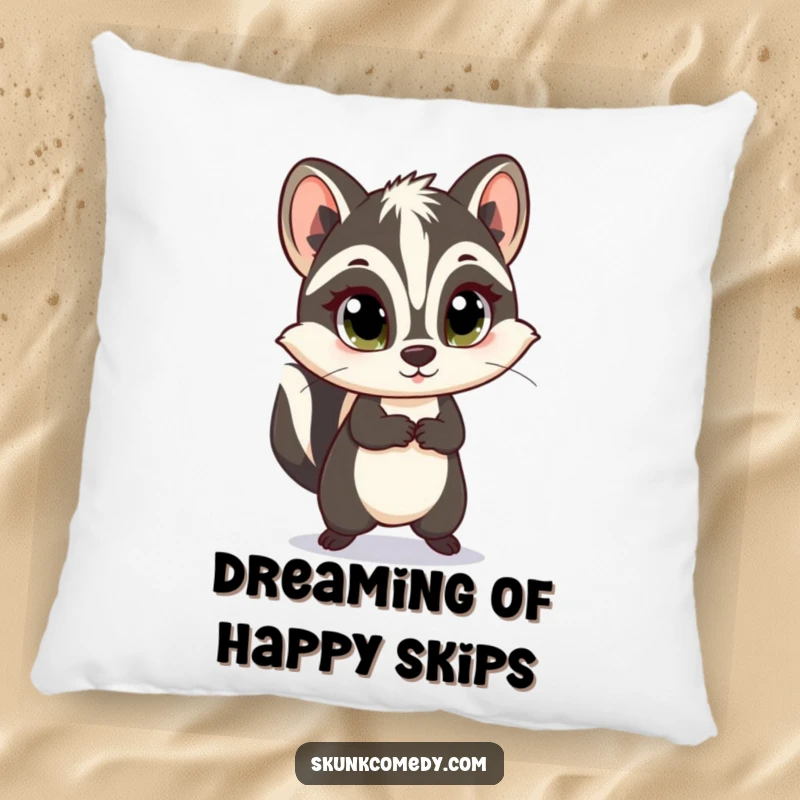Funny skunk pillow designed with wide, innocent eyes and a happy skip, perfect for cuddling and adding charm.