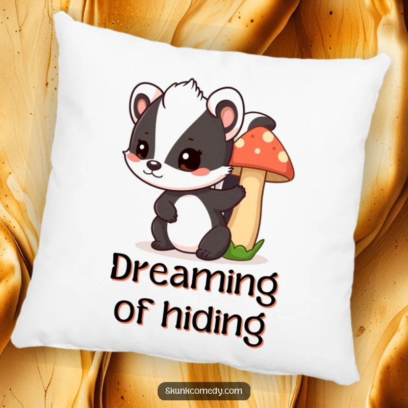 Funny skunk mushroom pillow, a cute skunk peeks playfully from behind a mushroom, soft and humorous decorative cushion.