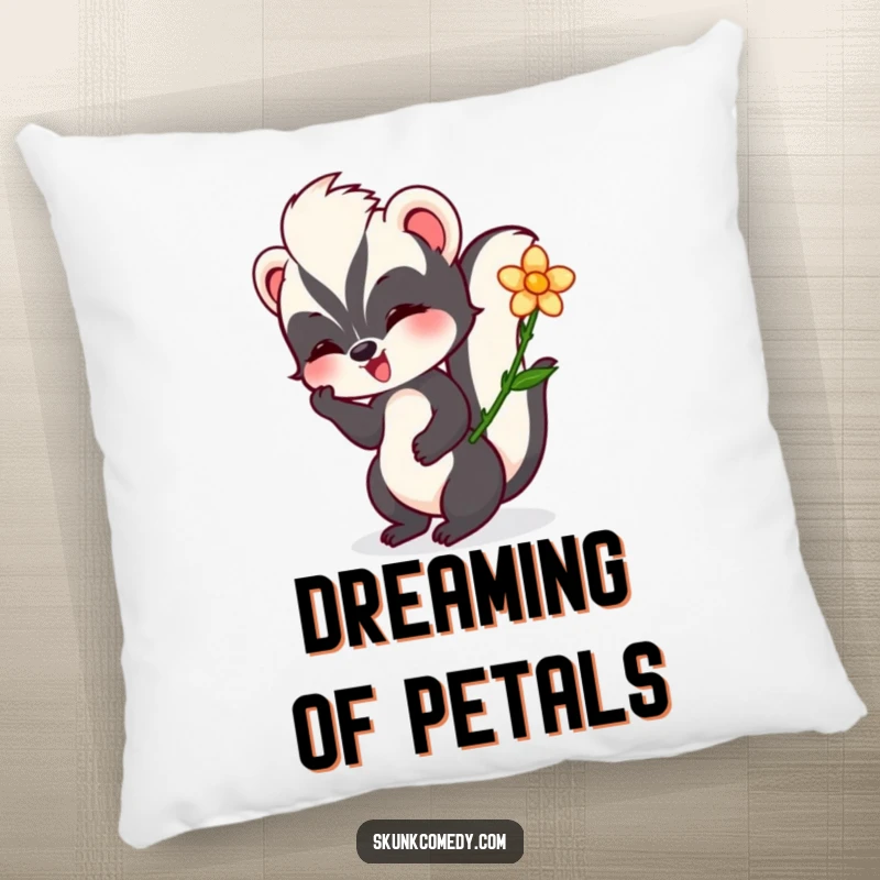 Funny skunk pillow showcasing a skunk happily twirling a flower, designed to bring cozy comfort and humorous delight.
