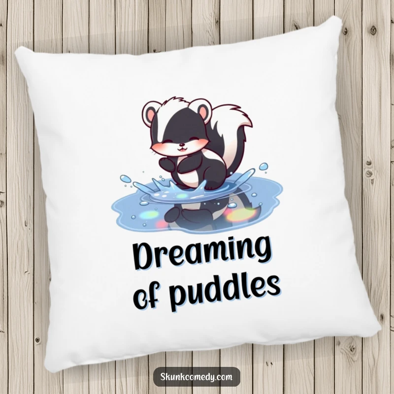 Funny skunk pillow featuring a skunk splashing in a puddle with colorful rainbow reflections, offering comfort and humorous decoration.
