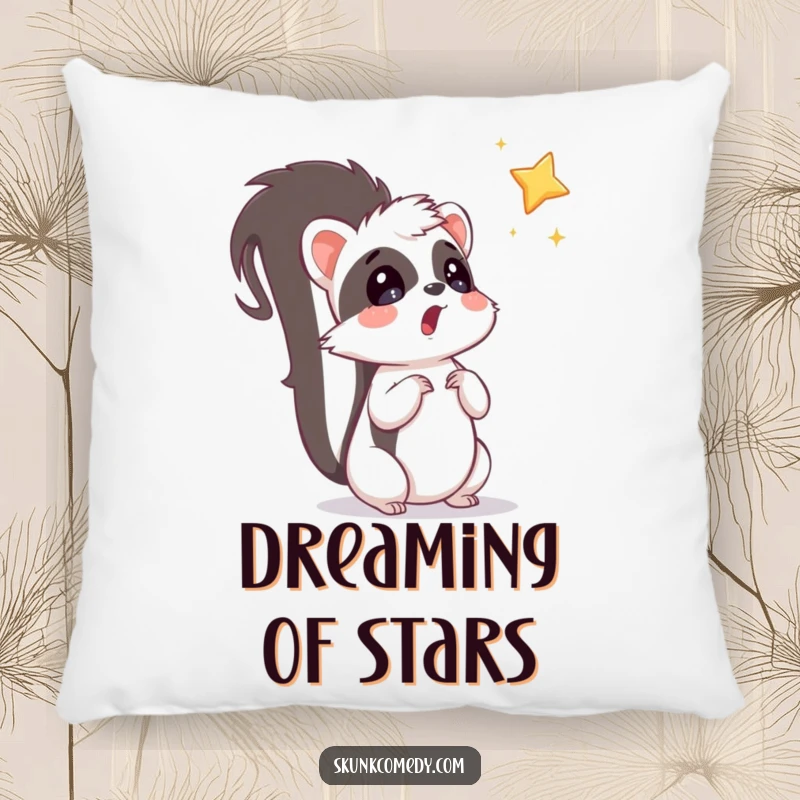 Funny surprised skunk looking up at a star, exuding whimsical humor on a plush pillow.