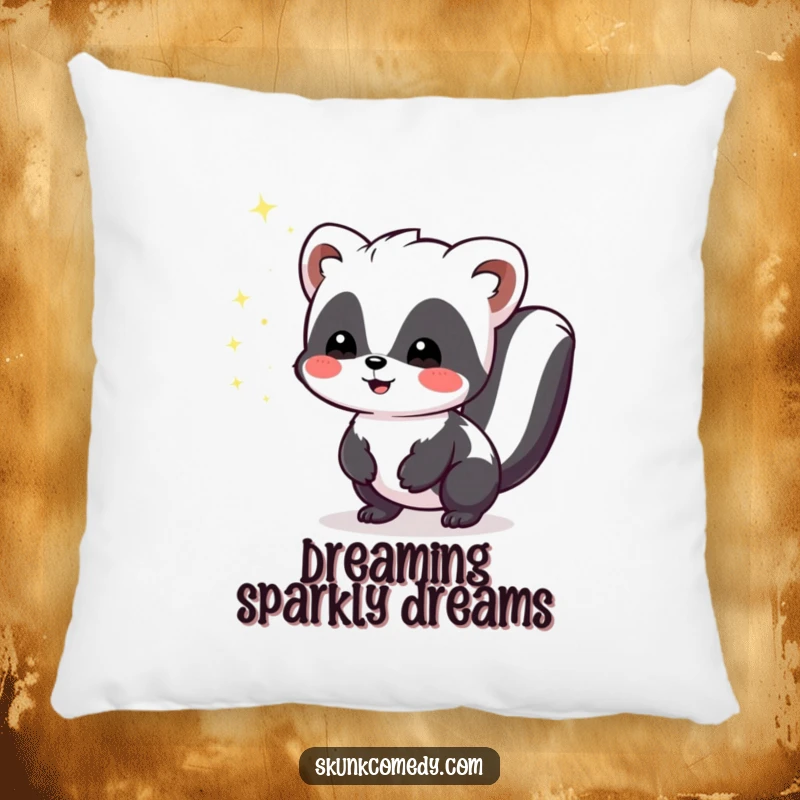 Funny Kawaii Skunk pillow showing a cute skunk emitting tiny, harmless sparkles of joy, perfect for adding comfort and charm.