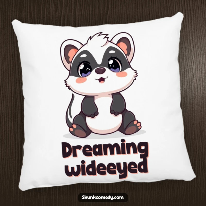 Funny Kawaii Skunk pillow featuring a skunk with surprised, wide eyes looking upwards, adding amusing comfort and charm to any space.