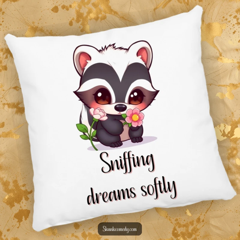 Funny skunk with wide, curious eyes sniffing a flower, a soft and humorous accent for this cozy pillow.