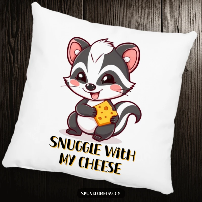 Funny Kawaii skunk pillow, a mischievous skunk with a grin holding cheese, bringing cute comfort and humor.