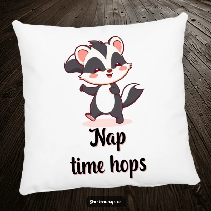 Funny Kawaii skunk pillow featuring a happy skunk mid-hop, designed for cozy comfort and cheerful decor.