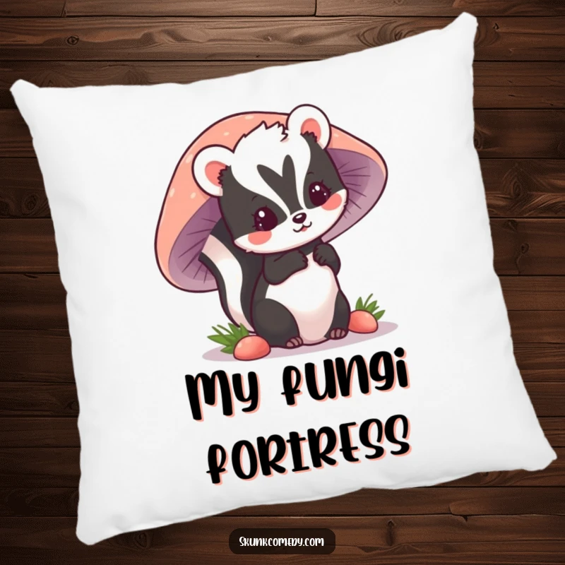 Funny kawaii skunk peeking from behind a mushroom, a soft and cuddly design for this humorous pillow.