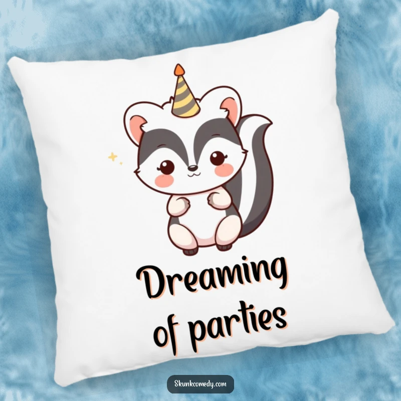 Funny Kawaii Skunk Pillow with a skunk holding a celebratory party horn, offering soft comfort and festive vibes for gifting.