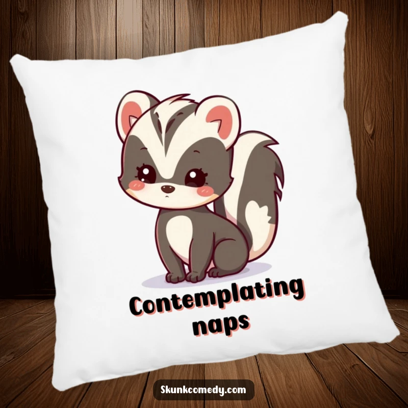 Funny Kawaii Skunk Pillow with a skunk tilting its head, conveying gentle curiosity and soft, cuddly comfort for relaxation.