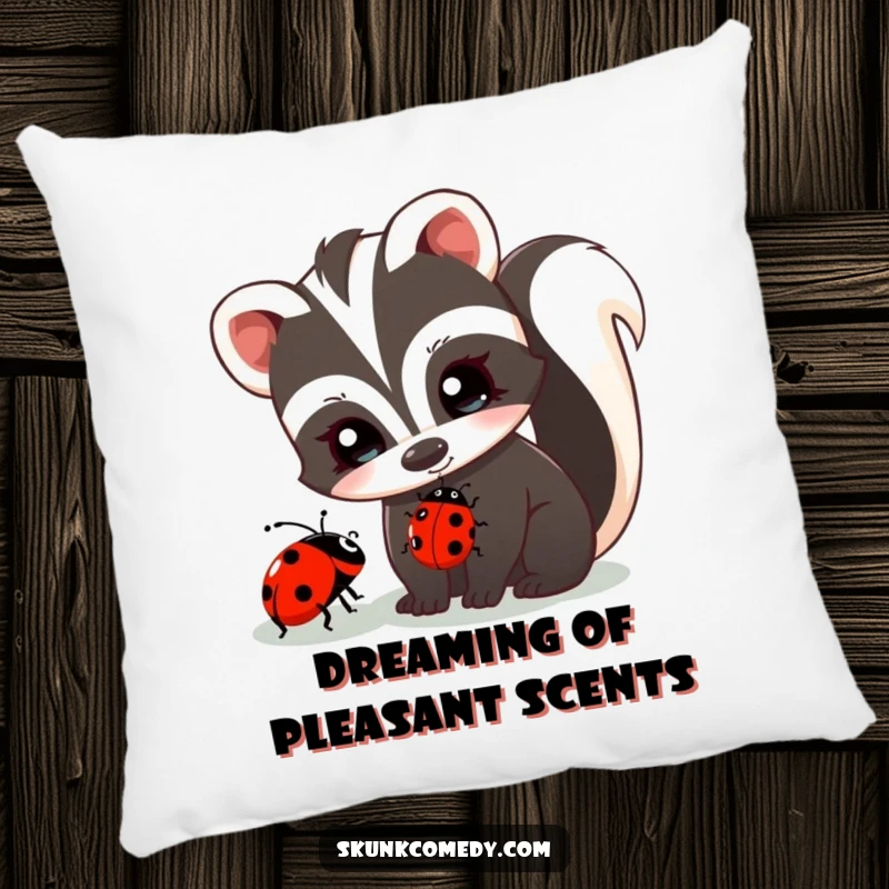 Funny skunk with twinkling eyes curiously observes a ladybug, soft decorative pillow, cute animal accent, humorous home decor.