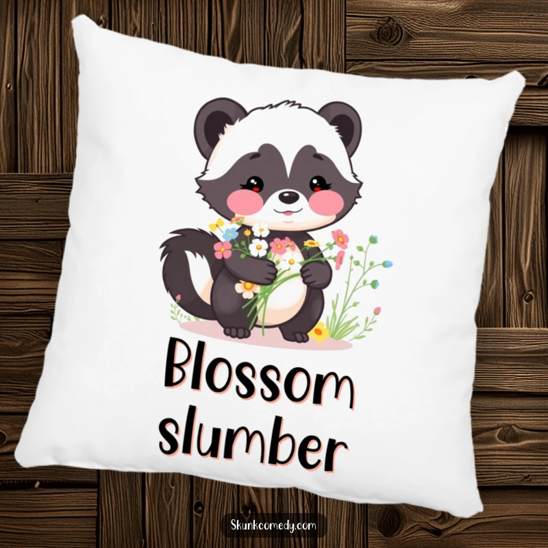 Funny skunk pillow, rosy cheeks, holding a bouquet of wildflowers, soft and decorative, a perfect funny gift.