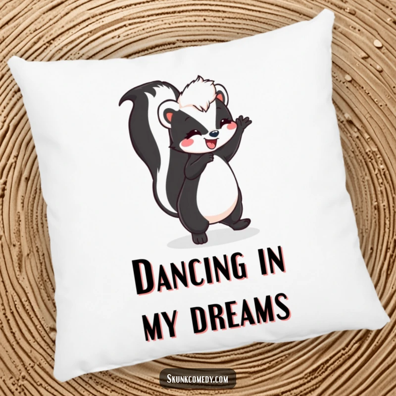 Soft, plush pillow featuring a funny skunk doing a joyful dance with its tail high, bringing cheerful energy.