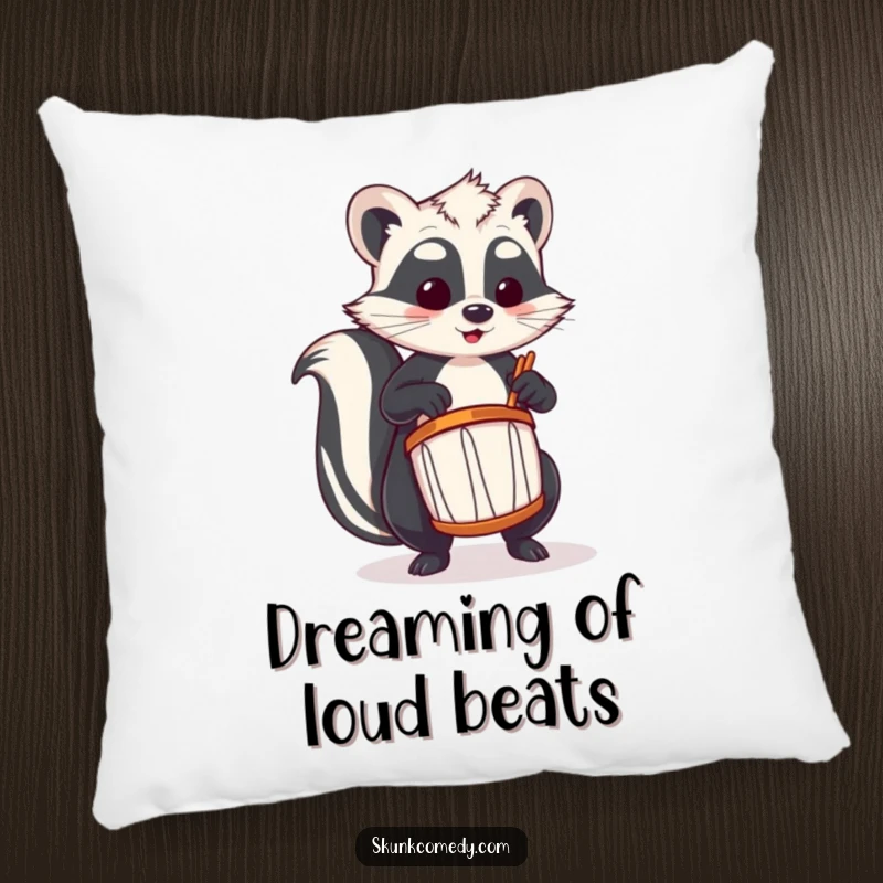Funny skunk pillow depicting a skunk energetically playing a tiny drum, adding musical charm.