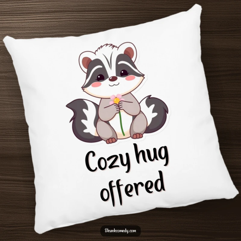 Funny pillow featuring a shy skunk offering a flower, providing a soft, sweet, and humorous accent for any comfortable space.