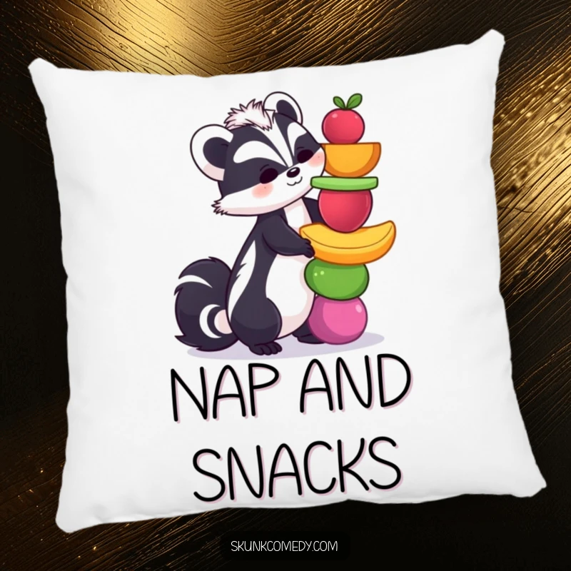 Funny skunk pillow with a skunk balancing a colorful fruit tower, offering a humorous decorative touch and cozy comfort.