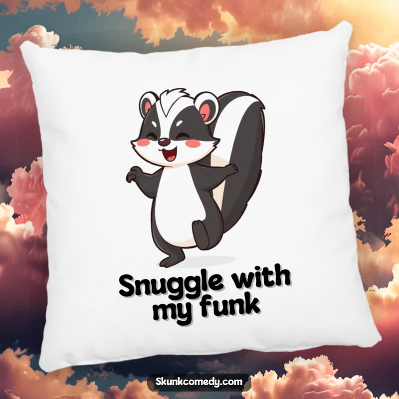 Funny skunk pillow, a skunk doing a joyful jig with its striped tail held high, bringing comfort and fun.