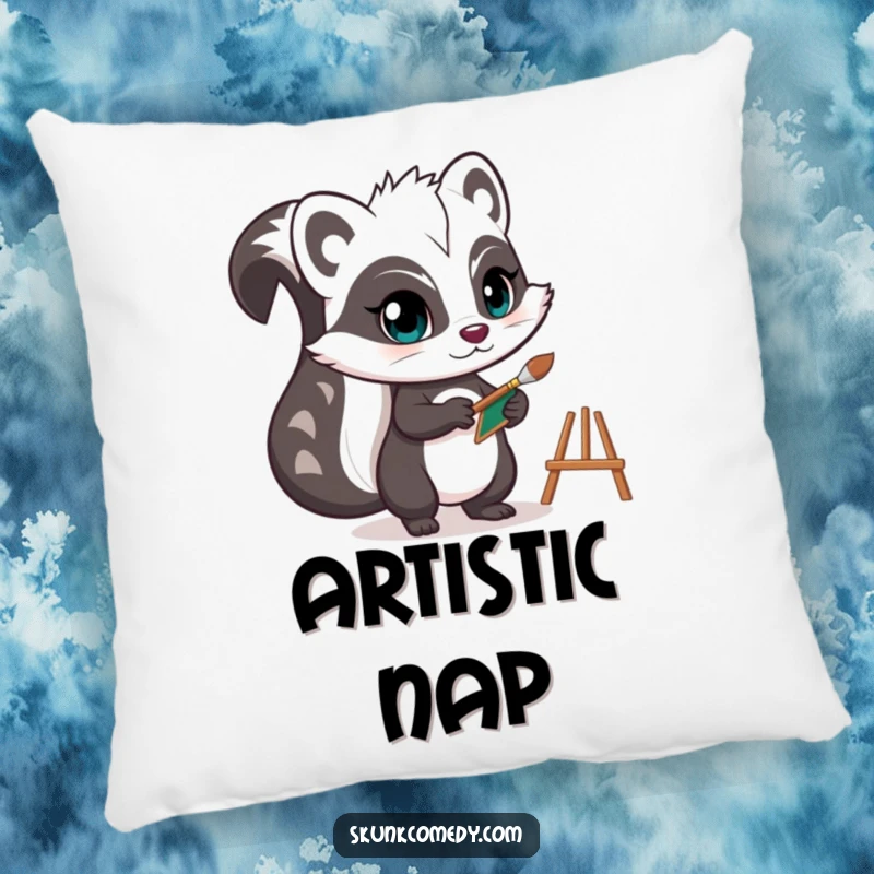Funny skunk pillow showcasing a determined artist skunk holding a tiny paintbrush and easel, offering cozy comfort with creative flair.