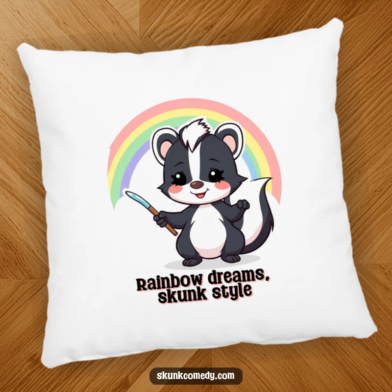 Funny skunk pillow showcasing a mischievous skunk with a grin, painting a colorful rainbow, adding artistic humor to decor.