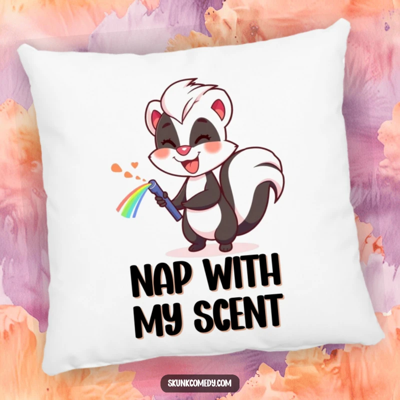 Funny skunk pillow, cheerfully spraying a rainbow, soft and humorous decorative accent for comfort.