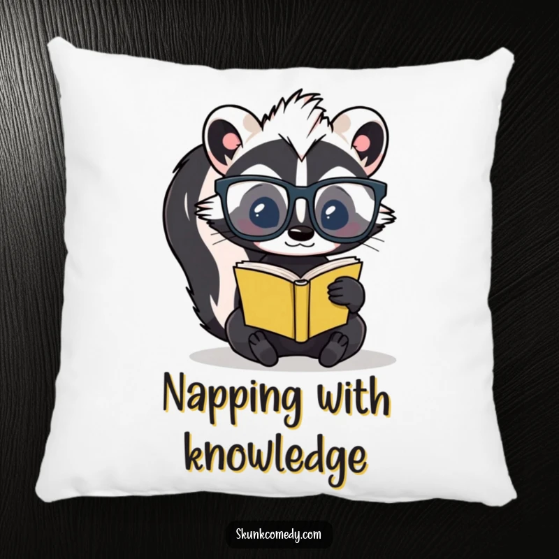 Soft, plush pillow featuring a funny skunk wearing large glasses and reading a tiny book, adding scholarly comfort.