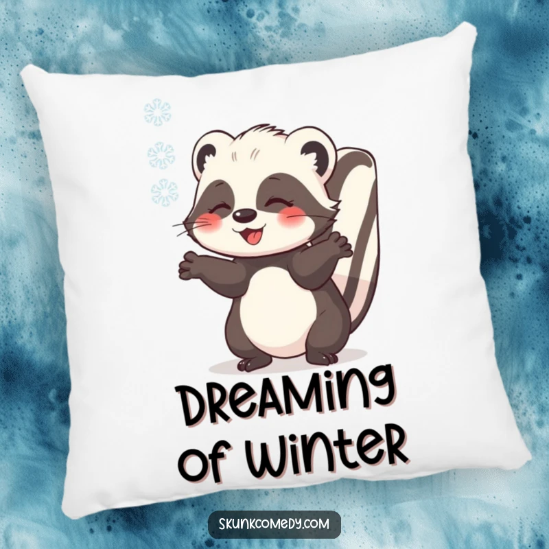 Funny skunk catching a snowflake with outstretched paws, soft decorative pillow, cute winter animal, humorous home decor.