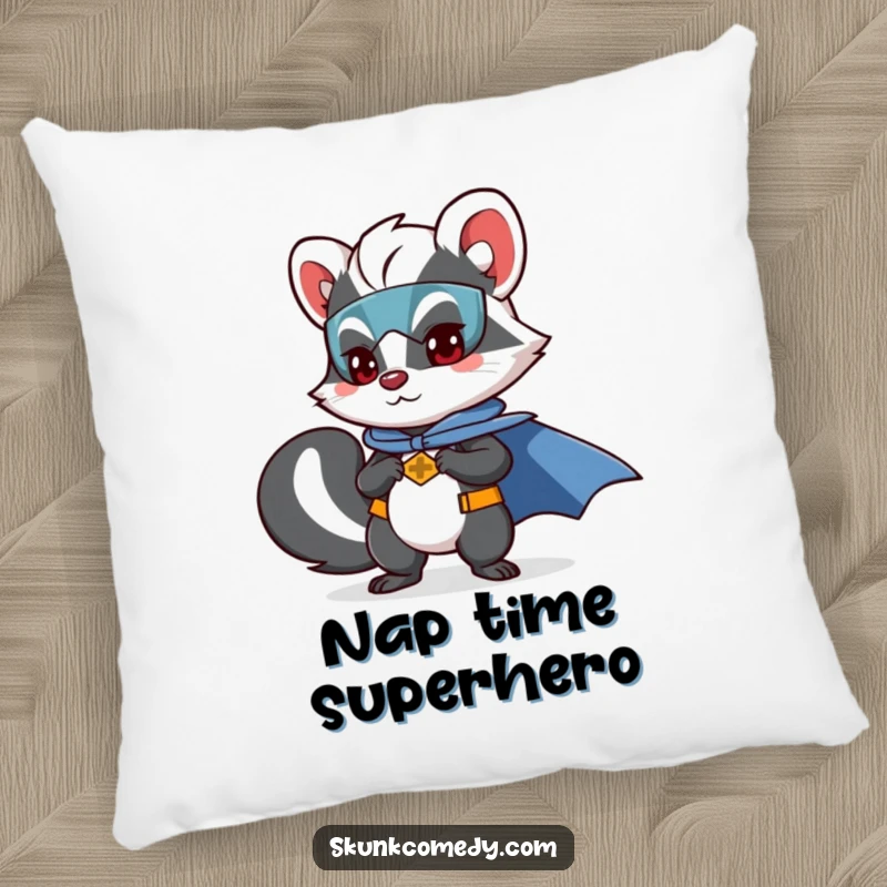 Funny skunk pillow featuring a skunk as a superhero, ready to comfort and inspire.