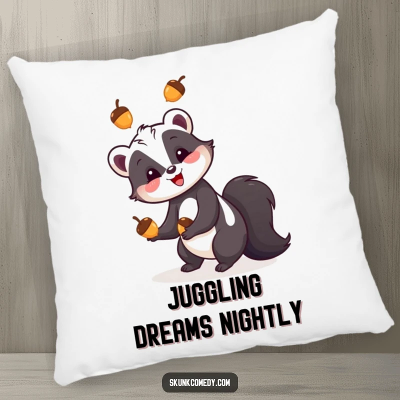 Funny skunk pillow, a skunk happily juggling three colorful acorns, bringing woodland comfort and humor.