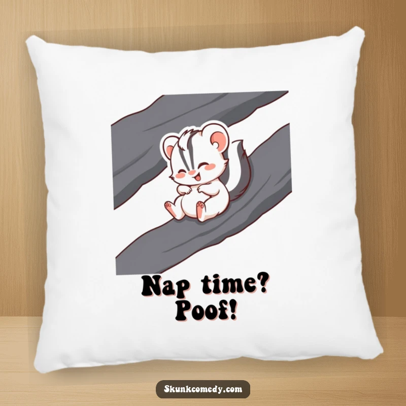 Funny pillow showing a skunk ecstatically giggling as it slides down a dark, smooth rock.