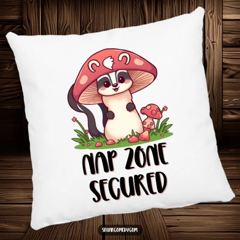 Funny skunk peeking behind a giant mushroom, soft decorative pillow, cute woodland creature, humorous home decor.