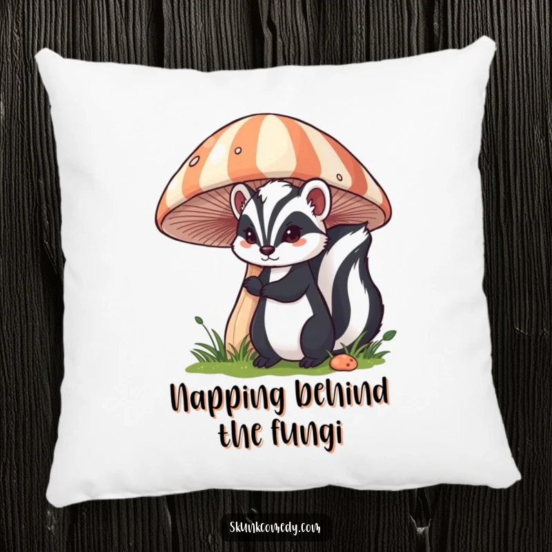 Funny skunk pillow designed with a skunk peeking from behind a large, striped mushroom, perfect for comfort and charm.