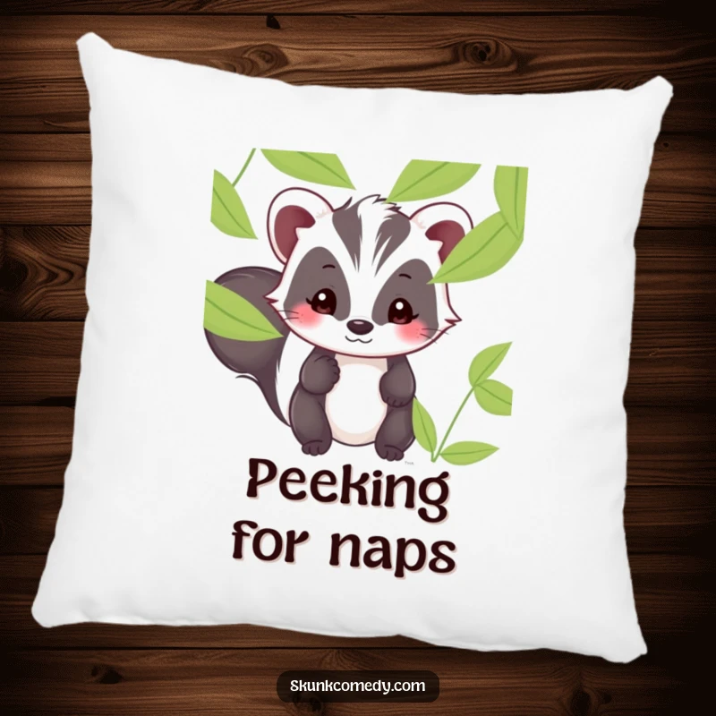 Funny Kawaii skunk pillow displaying a shy skunk with a sweet smile peeking from behind leaves.