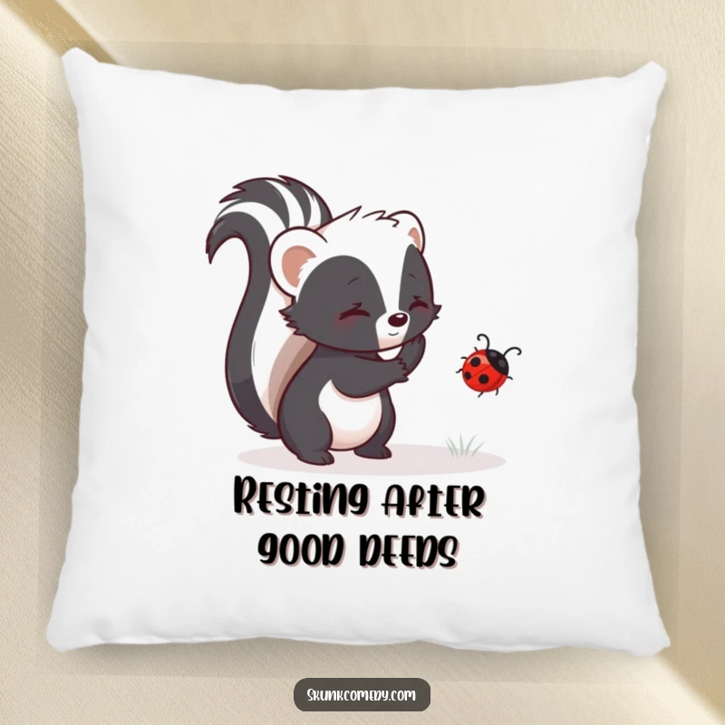 Funny skunk pillow with a skunk gently helping a ladybug, offering comfort and a message of kindness.