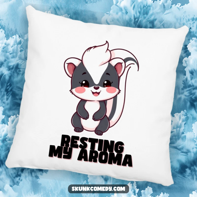 Funny Kawaii Skunk pillow featuring a smiling skunk with a fluffy tail held high, adding friendly comfort and charm to any space.