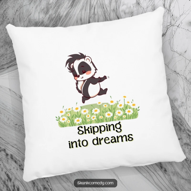 Funny skunk pillow featuring a happy skunk skipping through daisies, offering plush comfort and whimsical humor.