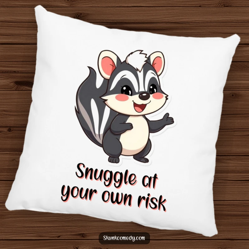 Funny skunk pillow, a cute skunk smiling and waving hello, a perfect funny gift for home decor.