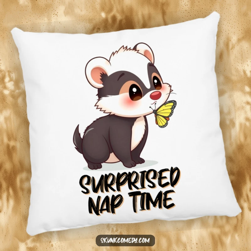 Soft, plush pillow featuring a funny skunk with a surprised expression as a butterfly lands on its nose, adding whimsical comfort.