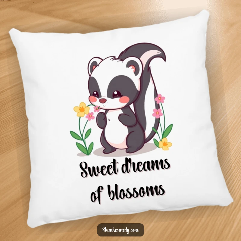Funny Kawaii Skunk Pillow with a cute skunk sniffing flowers, adding soft, floral humor to decor.