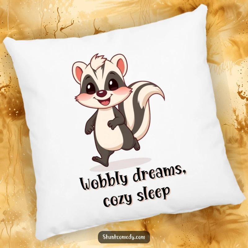 Funny skunk pillow designed with a skunk doing a funny, wobbly walk with a happy bounce, perfect for comfort.